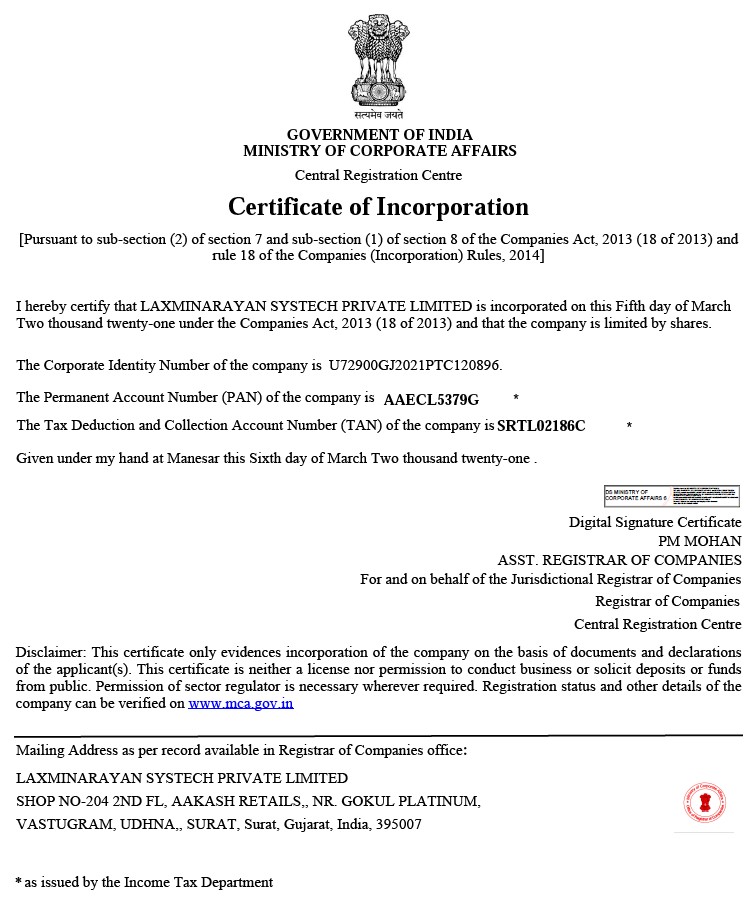 Incorporation certificate
